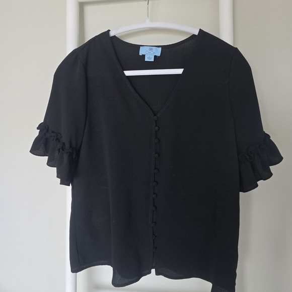 CeCe Black Button-Front Ruffle Sleeve Blouse - Picture 3 of 7